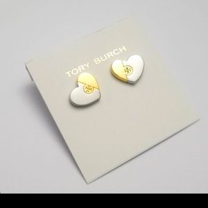 Two toned heart earrings by Tory Burch
